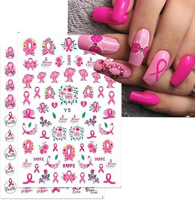6 Sheets Breast Cancer Nail Art Stickers - 3D Self-Adhesive Heart Letter Nail Decals Pink Ribbon Breast Cancer Nail Designs for Women & Girls Acrylic Manicure Salon