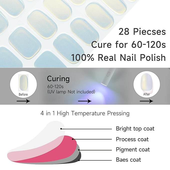 Semi Cured Gel Nail Strips, Morning | 28 pcs Gel Nail Strips Work with Any UV Lamp, Salon Quality UV Nails Stickers, Easy to Apply for Home Nails DIY
