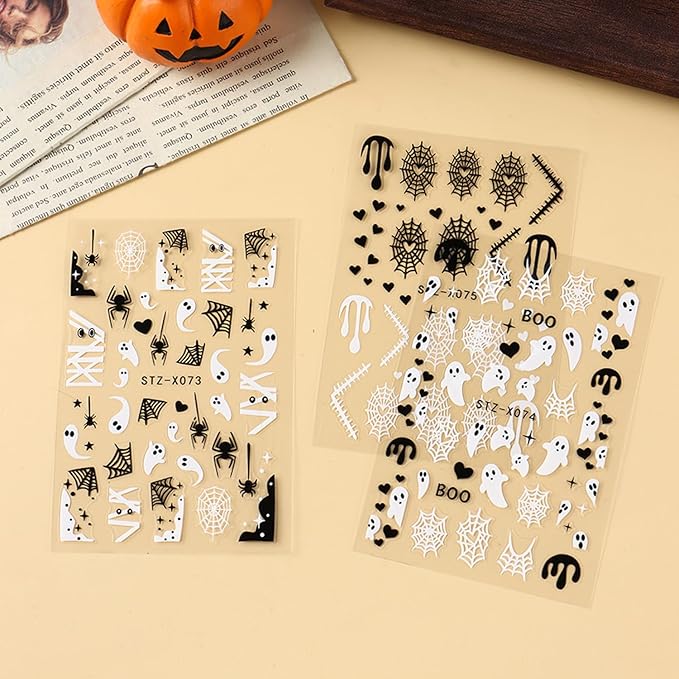 6 Sheets Halloween Nails Stickers Cute Ghost Mummy Nails Art Stickers 3D Self-Adhesive Supplies Nail Decal with Black White Spider Web Design Nail Sticker for Nail Art Women's DIY Decoration