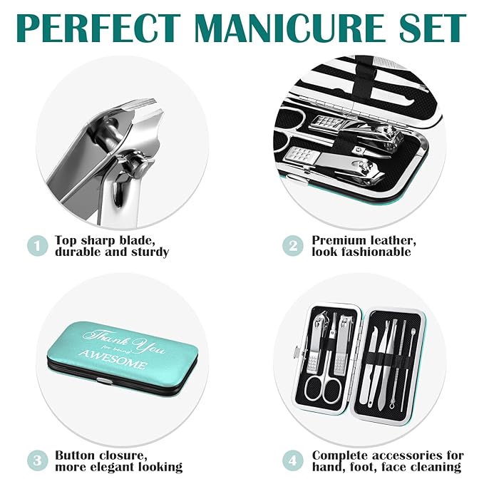 Therwen 24 Sets Manicure Set Nail Clippers 8 in 1 Stainless Steel Grooming Nail Kit Thank You Appreciation Gift Professional Pedicure Tool for Men Women Personal Care(Sky Blue)