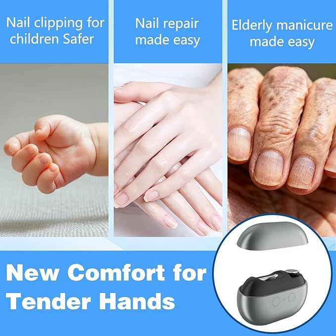 Fanyil Easy Clip Nail Clippers, 3 in 1 Easyclip Smart Electric Nail Clipper for Seniors, Electric Nails Care Tool with LED Light, Safety Fingernail Trimmer for Kids, Adult, Seniors (Grey)