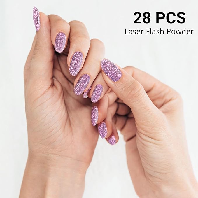 Semi Cured Gel Nail Strips, Purple Sparkle | 28 pcs Gel Nail Strips Work with Any UV Lamp, Salon Quality UV Nails Stickers, Easy to Apply for Home Nails DIY