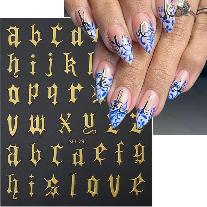 Retro English Letters Nail Stickers 3D Self Adhesive Old English Nail Art Stickers Black White Gold Silver Nails Design Decals Old Alphabet Nail Decorations for Women DIY Nails Supplies 8Sheets