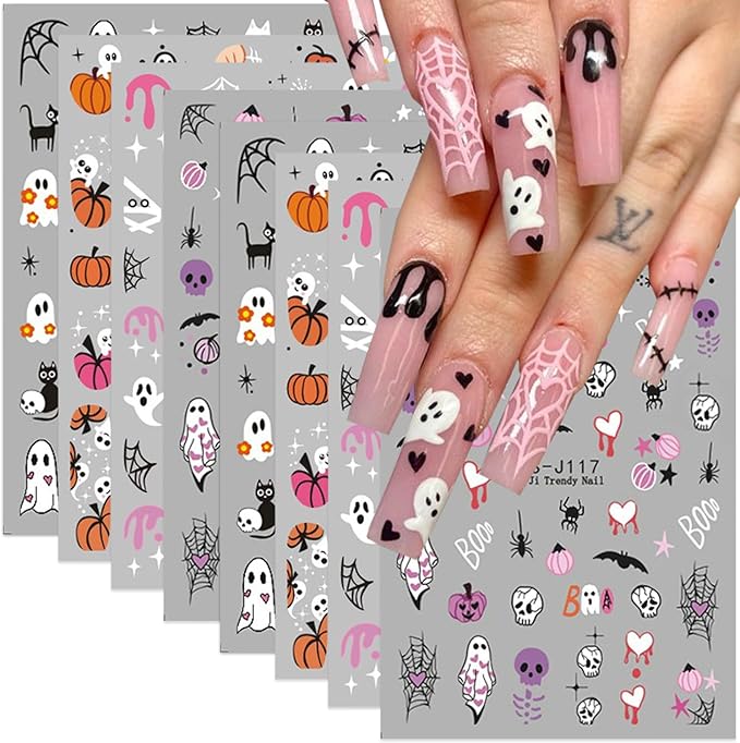8 Sheets Halloween Cute Ghost Nail Stickers for Nail Art Self-Adhesive Decals With Spider, Bat, Pumpkin, Spider Web Designs - Manicure Holiday Decorations Charms for Women