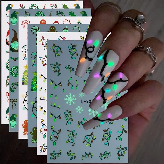 Christmas Nail Art Stickers Decals Luminous String Light Snowflake Nail Stickers 6PCS Glow in Dark Lanterns Santa Claus Xmas Tree Leaf Xmas Nail Decals Nail Art Supplies for Women Nail Decorations