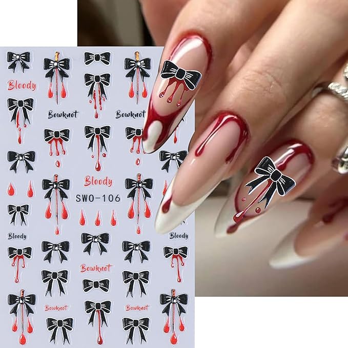 2 Pcs Halloween Nail Art Stickers,Spider Webs and Bloodstains Designs 3D Self-Adhesive Nail Decals Black Bow Nail Decorations Halloween DIY Manicure Supplies for Women Girls