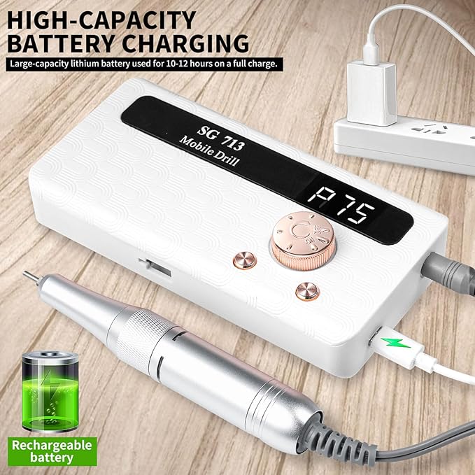 Professional Nail Drill Kit 45000RPM, Portable Electric Nail File with 13 Bits & 56pcs Sanding Bands,LED Screen,Ultra-Silent, Rechargeable Nail Drills Machine for Acrylic Nails Gel Polishing (White)