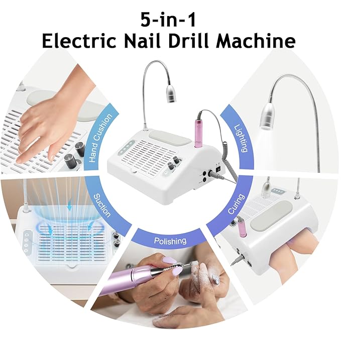 5 in 1 Nail Dust Collector, Manicure Machine Nail Dust Collector, Professional 30000rpm Multifunctional Electric Nail Drill Machine with Dust Collector Vacuum LED Desk Lamp for Acrylic Nails