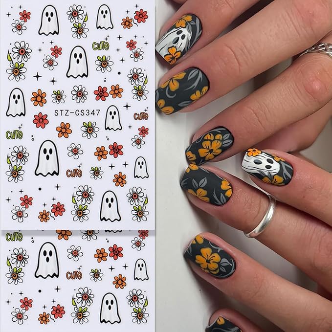 8 Sheets Ghost Nail Art Stickers Halloween Nail Decals 3D Self-Adhesive Bats Spider Web Ghost Autumn Flowers Sticker Nail Design Acrylic Nails Decoration Accessories for Women Holiday Nails