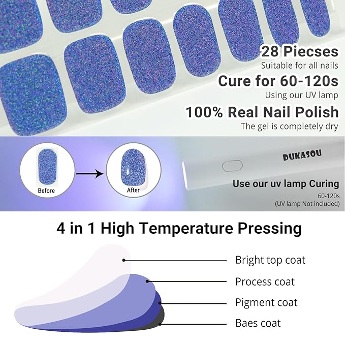 Semi Cured Gel Nail Strips, Dark Blue Sparkle | 28 pcs Gel Nail Strips Work with Any UV Lamp, Salon Quality UV Nails Stickers, Easy to Apply for Home Nails DIY