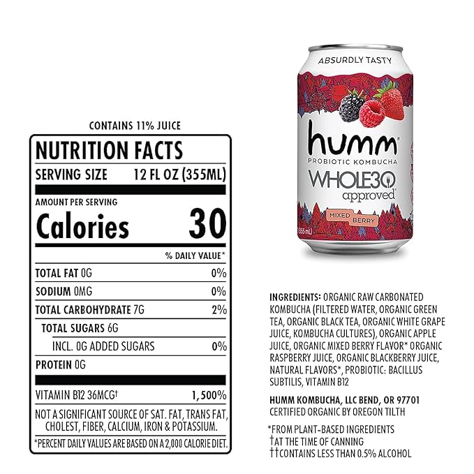 Humm Whole30 Approved Kombucha, Mixed Berry, Organic, Vegan & GMO Free (12 Pack)
