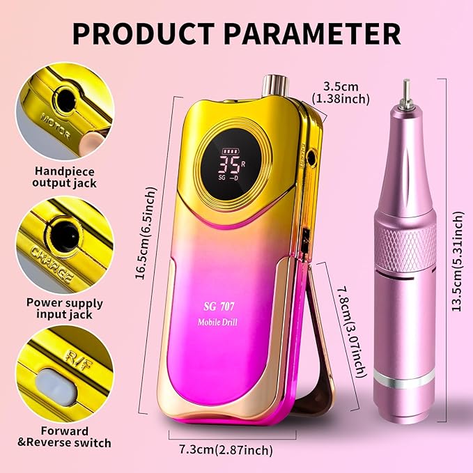 Professional Electric Nail Drill Kit 35000RPM with 14PCS Bits Purple Gold Portable Rechargeable Cordless File Machine for Acrylic Gel Powder Nails and Manicure Pedicure Toenail Tool Salon Set