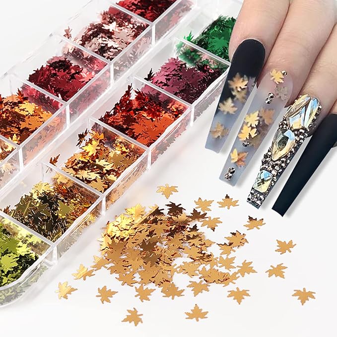 12 Grids 3D Maple Leaf Nail Glitter Sequins Fall Nail Art Stickers Decals Holographic Laser Red Gold Yellow Orange Fall Glitter Leaves Designs Autumn Nail Charms Thanksgiving Nail Art Decorations