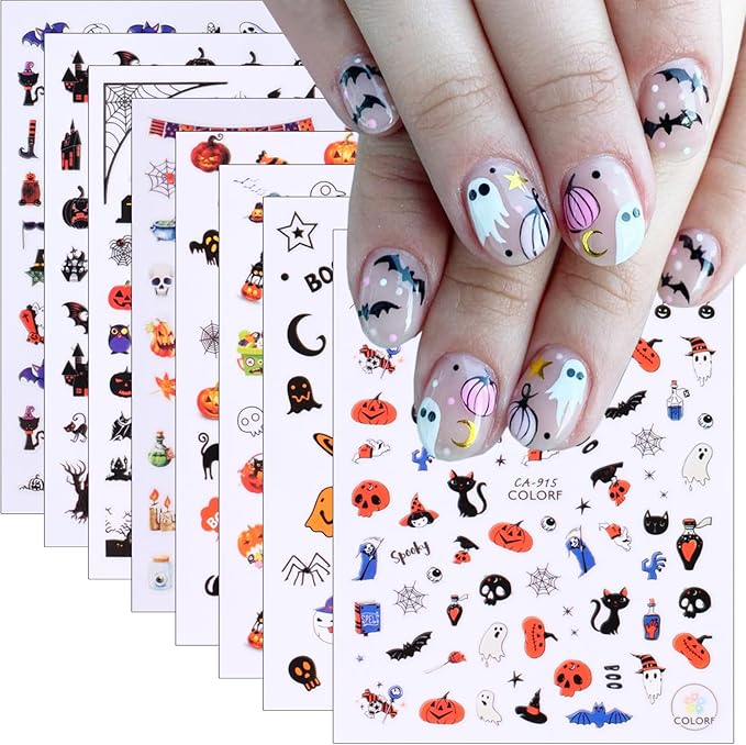 Halloween Nail Stickers for Nail Art 3D Cute Pumpkin Skull Ghost Nail Decals Spooky Design Witch Black Cat Gothic Nail Art Stickers Spider Web Halloween Nail Charms for Nail Decoration Supplies 8Pcs