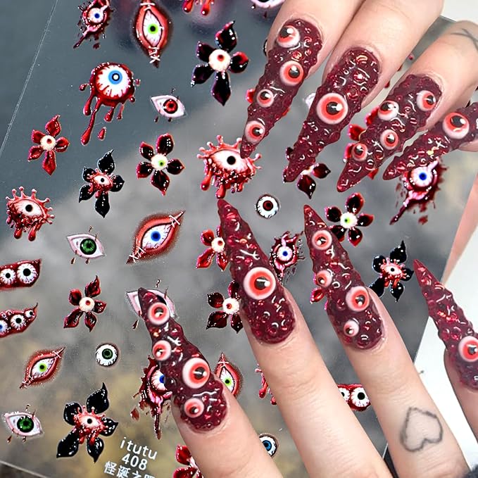 1Sheet Horror Blood Eye Nail Art Stickers 5D Embossed Halloween Nail Decals Self-Adhesive Evil Flower Nail Stickers with Bloody Eyeball Design Nail Decal Weird Eye Nail Sticker for Women Nails Decor