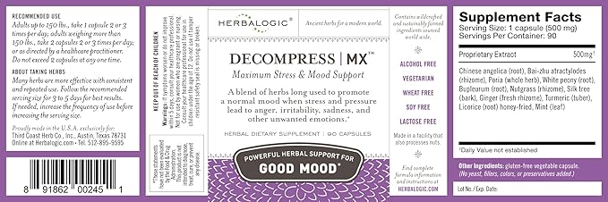 Decompress MX Herb Capsules - Maximum Stress & Tension Relief - Reduces Anger & Moodiness, Positive Mood Support - Based on The Traditional Chinese Formula Xiao Yao San - 90 Cap Count