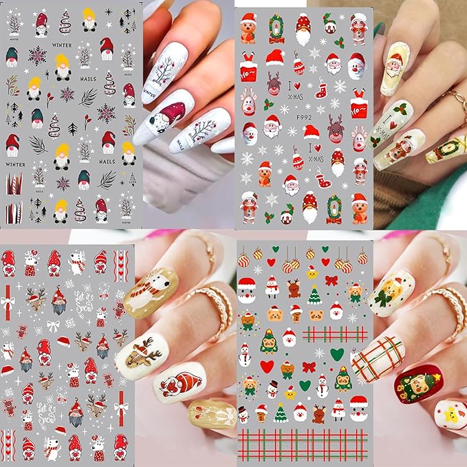 HNUIX Nail Stickers - Christmas 3D, Self Adhesive Nail Decals, Multi Colour Pattern, 10 Sheets, for Nail Art