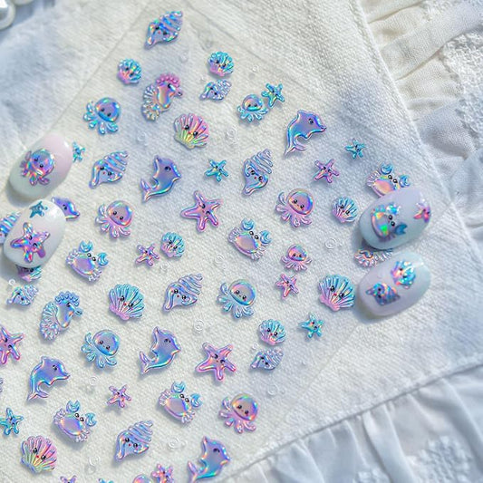 Summer Nail Art Stickers 5D Jelly Embossed Conch Shell Nail Decals Cute Jellyfish Crab Dolphin Starfish Nail Stickers Blue Ocean Animal Nail Supplies for Women Manicure Decoration 1 Sheets