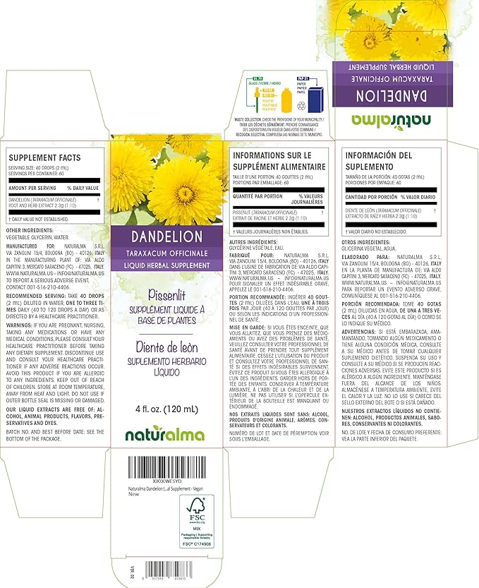 Naturalma Dandelion (Taraxacum officinale) Root and herb Alcohol-Free Tincture - 4 fl oz Liquid Extract in Drops - Herbal Supplement - Vegan