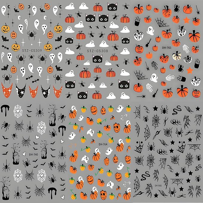 12 Sheets Halloween Nail Stickers - Pumpkin Nail Stickers - Specter Cat Spider Web Bat Nails Art Decals for Halloween Makeup - Spooky Nails Sticker Cosplay Party Supplies