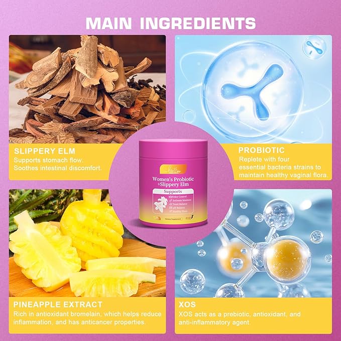 Her Juicy Feminine Probiotics Gummies for Women with Slippery Elm - Pineapple Flavor, pH Balance & Immune Health Support - Digestive & Feminine Support - Vegan Supplement, 60 C