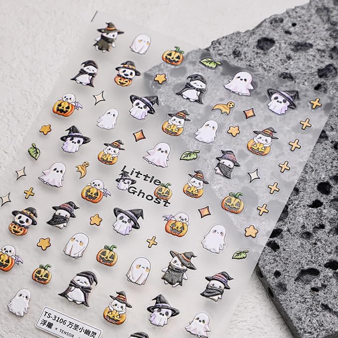 Halloween Nail Stickers for Nail Art - Cute Ghost Nail Art Sticker Halloween 5D Embossed Nail Decals Self-Adhesive Nails Supply Manicure Stickers for Nails Decoration（Little Ghost）