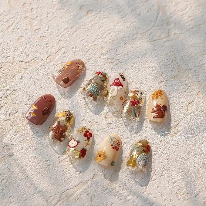 Fall Nail Art Stickers Decals 5D Embossed Autumn Nail Decals Squirrel Maple Leaf Mushroom Fruit Nail Design Stickers Fallen Leaves Nails Art Supplies for Women Thanksgiving Day Manicure Decoration