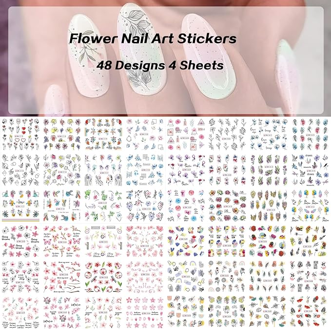 Flower Decals Nail Art Stickers 48 Designs Spring Water Transfer Stickers for Nails Colorful Flower Leaf Cherry Blossoms Rose Pattern DIY Decoration Nail Supplies for Women Girl 4 Sheets