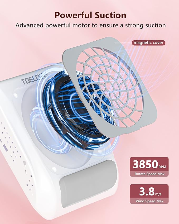 Upgraded Nail Dust Collector with Hand Rest, 10 Speeds, Reusable Filter, Quiet & Rechargeable, Professional Nail Fan Dust Tech Machine for Acrylic Gel Nails Polishing, Salon & Home, White