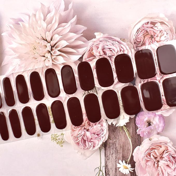 Semi Cured Gel Nail Strips (Wine Red)-22 PCS Nail Stickers | Gel Wraps | Light Required, Salon Quality & Easy to Use