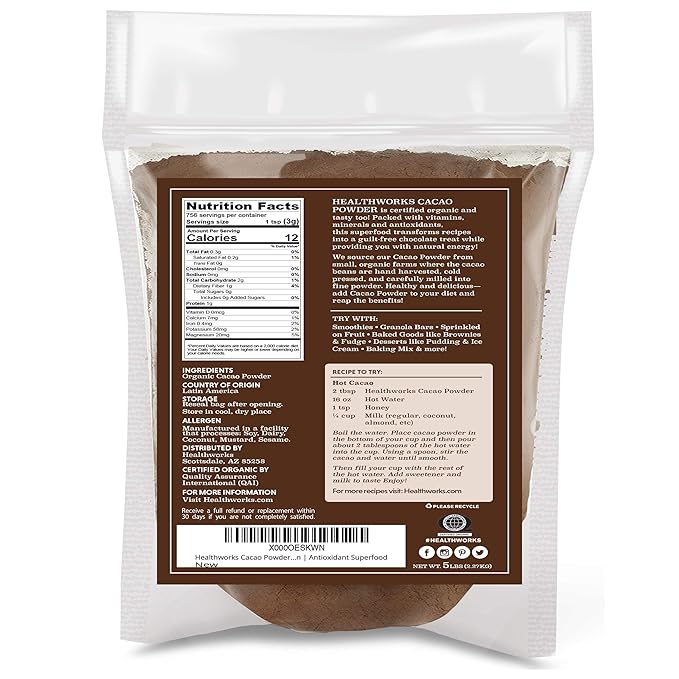 Healthworks Superfoods Organic Cacao Powder - 80 Oz / 5 Lbs - Cocoa Chocolate Substitute - Rich Choclate Flavour - Sugar-Free, Keto, Vegan & Non-GMO - Peruvian Bean/Nut Origin - Antioxidant Superfood