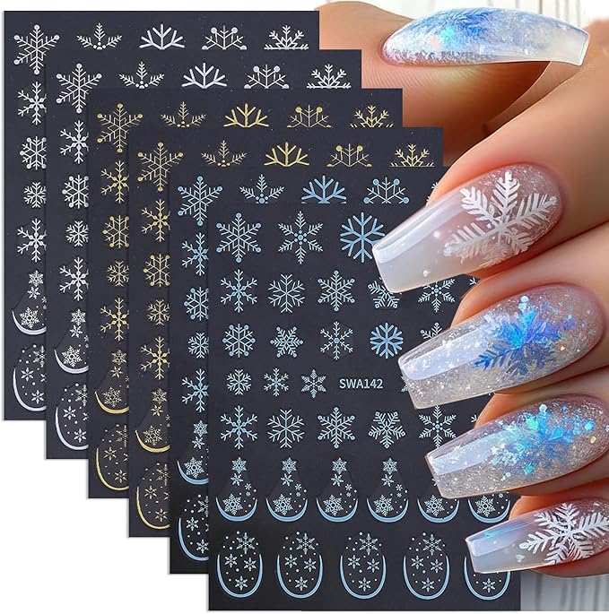 Snowflake Nail Stickers Christmas Nail Art Stickers French Tips Nail Decals Gold White Blue Mixed Shape Snowflake Design Winter Nail Sticker for Nail Art Women DIY Manicure Decoration 6 Sheets