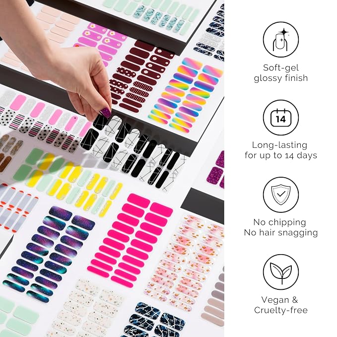 Halloween Semi Cured Gel Nail Strips - NAILOG 20 Pcs Nail Stickers Long Wraps with Glossy Gel Finishing for Autumn, Running Ghost