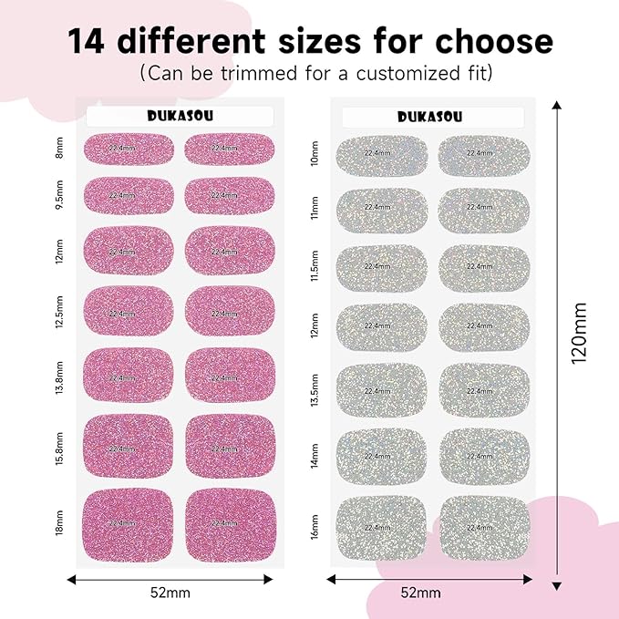 Semi Cured Gel Nail Strips 2 Set, (Glitter Silver/Pink) 56 Pcs Gel Nail Wraps,Stickers Works with Any UV/LED Lamps,Long Lasting,Salon-Quality, Easy to Apply