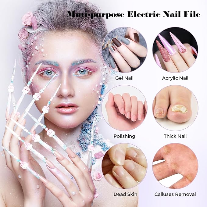 Professional Nail Drill Machine: 45000 RPM, LCD Display, Rechargeable Battery, for Acrylic & Gel Nails - Perfect for Salon and Home Use (White)