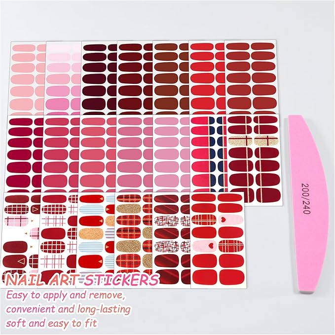 SILPECWEE 560 Pieces 40 Sheets Nail Polish Strips, Red Nail Stickers Full Nail Wraps for Women, Self Adhesive Gel Strips Manicure Design, Fingernail Sticker Nails with File