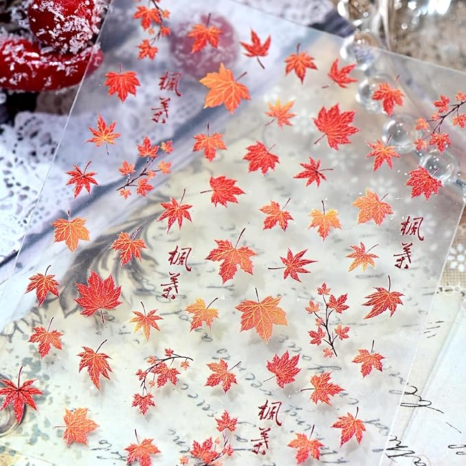1 Sheet 5D Embossed Autumn Maple Leaves Nail Stickers for Nail Art Thanksgiving Day Nail Art Stickers Fall Nail Decals Red Glitter Maple Leaf Nails Design Nails Decoration DIY for Women Nail Supplies