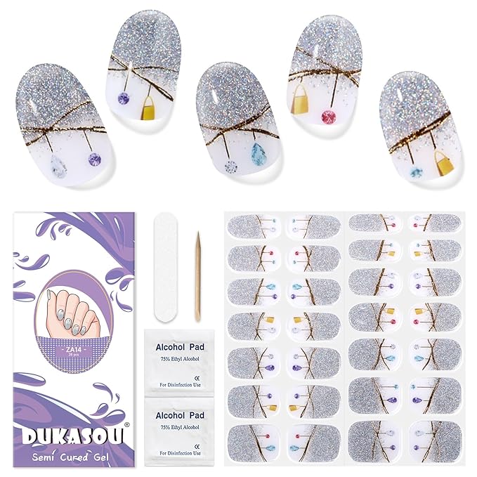 Semi Cured Gel Nail Strips, 28 pcs Gel Nail Stickers Work with Any UV Lights, Long-Lasting Nail Wraps, Stick on Nails for women Easy to Apply & Remove