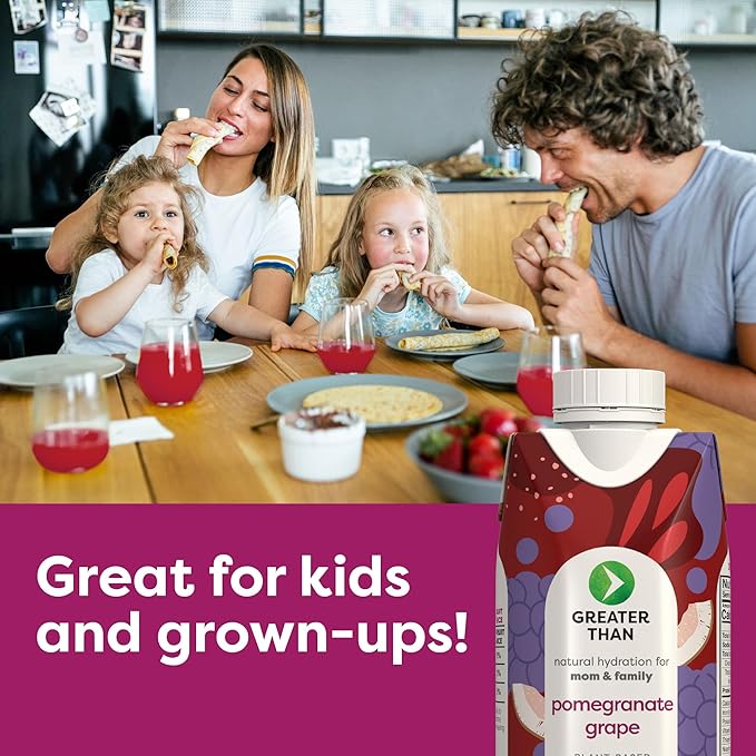 Greater Than Nutrient Hydration Beverage, Electrolyte Drink for Gut Health & Energy with Coconut Water, Vitamins, Gluten Free, Plant Based, Low Sugar, Pomegranate Grape, 24 Pack