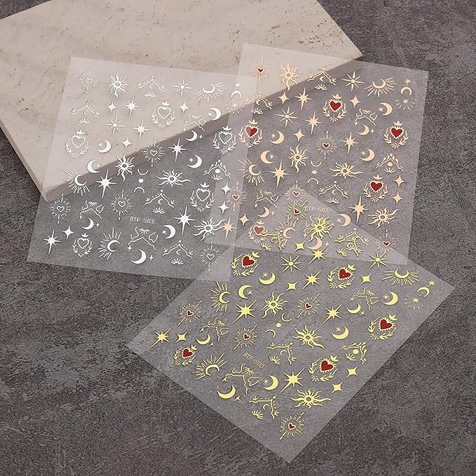 12 Sheets Gold Nail Art Stickers 3D Self-Adhesive Nail Stickers Sliver Star Nail Decals Red Heart Moon Nail Supplies Nail Art Design Gold Manicure Decorations for Women and Girls