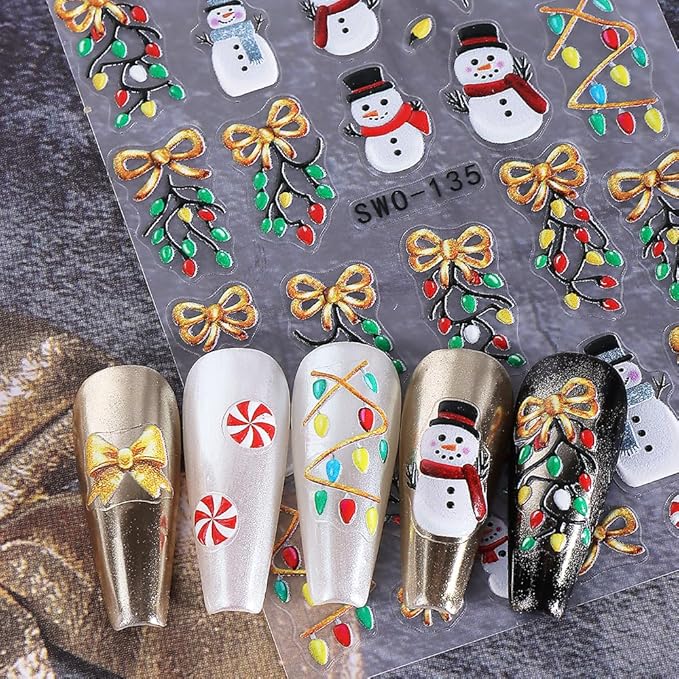 Christmas Nail Stickers 5D Embossed Christmas Tree Snowman Nail Art Stickers Snowflake Nail Decals Self-Adhesive Santa Claus Gingerbread Man Design Sticker Holiday Nail Art Decoration for Women 4Pcs