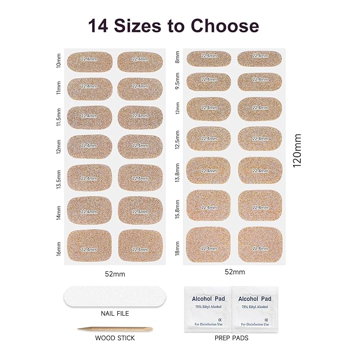 Semi Cured Gel Nail Strips,28 PCS Gold Nail Art Stickers(Shiny),Gel Stickers for Nails UV Light,Nail Polish Strips Includes Prep Pads, Nail File & Wood Stick