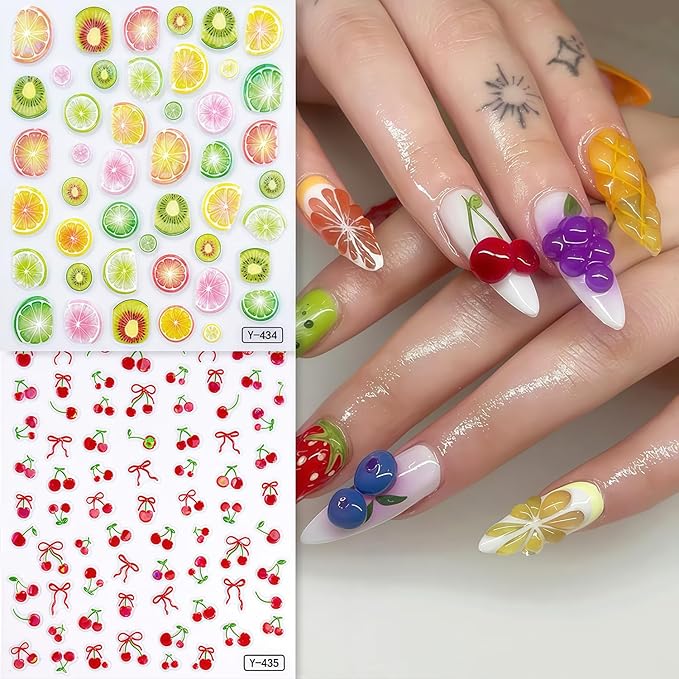 Summer Nail Art Stickers Fruits Nail Sticker 3D Self-Adhesive Shiny Lemon and Cherry Design Nail Decals DIY Salon Acrylic Nail Art Decoration Accessories for Women Vacation Nails