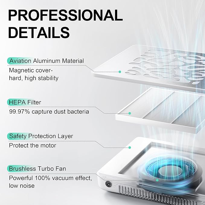 L'UGX Nail Dust Collector, Professional Dust Collector Nail Tech, Powerful Dust Suction Machine Manicure Pedicure Tool for Acrylic Nail Polishing, Low Noise, 30 Pcs Filter Papers