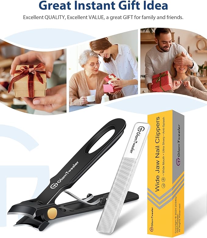 Anti-Splash Wide Jaw Opening Nail Clippers - GlamTweeler Ultra Sharp Extra Large Wide Opening Fingernail and Toenail Clipper with Glass Nail File (Black_Slanted)