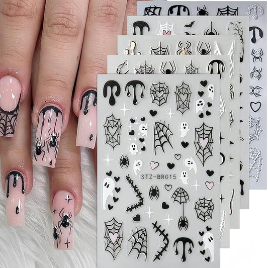 Spider & Bat Halloween Nail Decals - Self Adhesive Ghosts & Web Pattern Design - Day of The Dead DIY Nail Supplies & Charms for Women