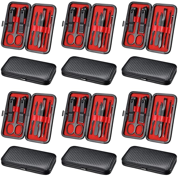 Geosar 12 Sets Manicure Set Nail Clippers Pedicure Kit 8 in 1 Grooming Stainless Steel Kits Nail Care Tools with Travel Case Xmas Gifts Christmas Stocking Stuffers for Men Women(Red Background)