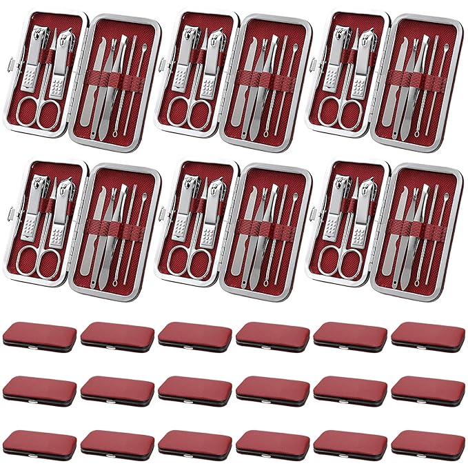 Lasnten 24 Set Christmas Manicure Set Bulk Nail Clippers Grooming Nail Kit Stainless Steel Professional Pedicure Kit Pedicure Tools with Travel Case Gifts for Xmas Men Women(8 in 1,Red, Silver)