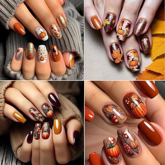 Fall Nail Stickers for Nail Art 3D Thanksgiving Pumpkins Autumn Fruit, Maple Leaf, Fallen Leaves Adhesive Nail Stickers for Women Nail Decoration Holiday DIY Cute Pumpkin Manicure Supplies 4 Sheets