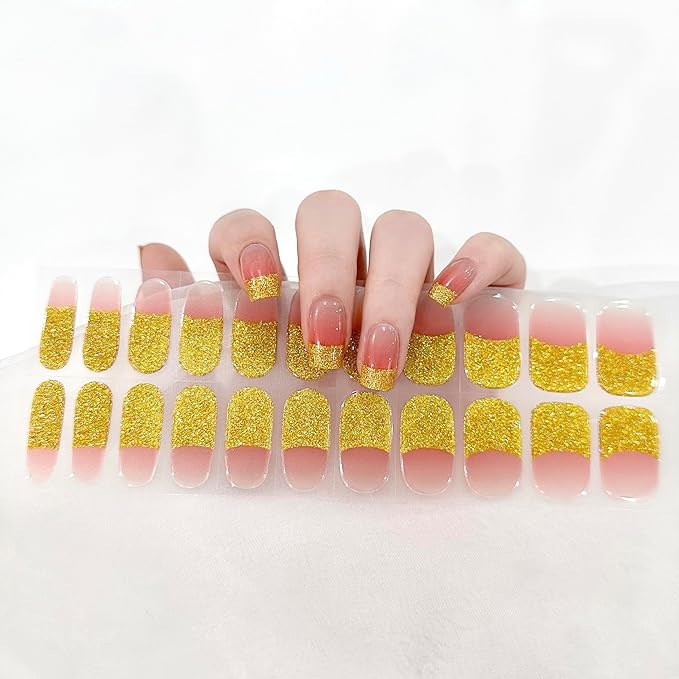 Semi Cured Gel Nail Strips (Glitter French Tip)-22 PCS Manicure Stickers | Light Required | Gel Nail Wraps, Salon Quality & Easy To Use